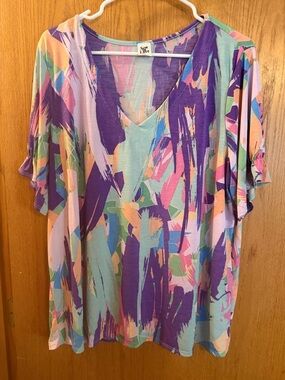 Sew In Love V-Neck Short Sleeve Top in Purple Multi Brushstroke Print